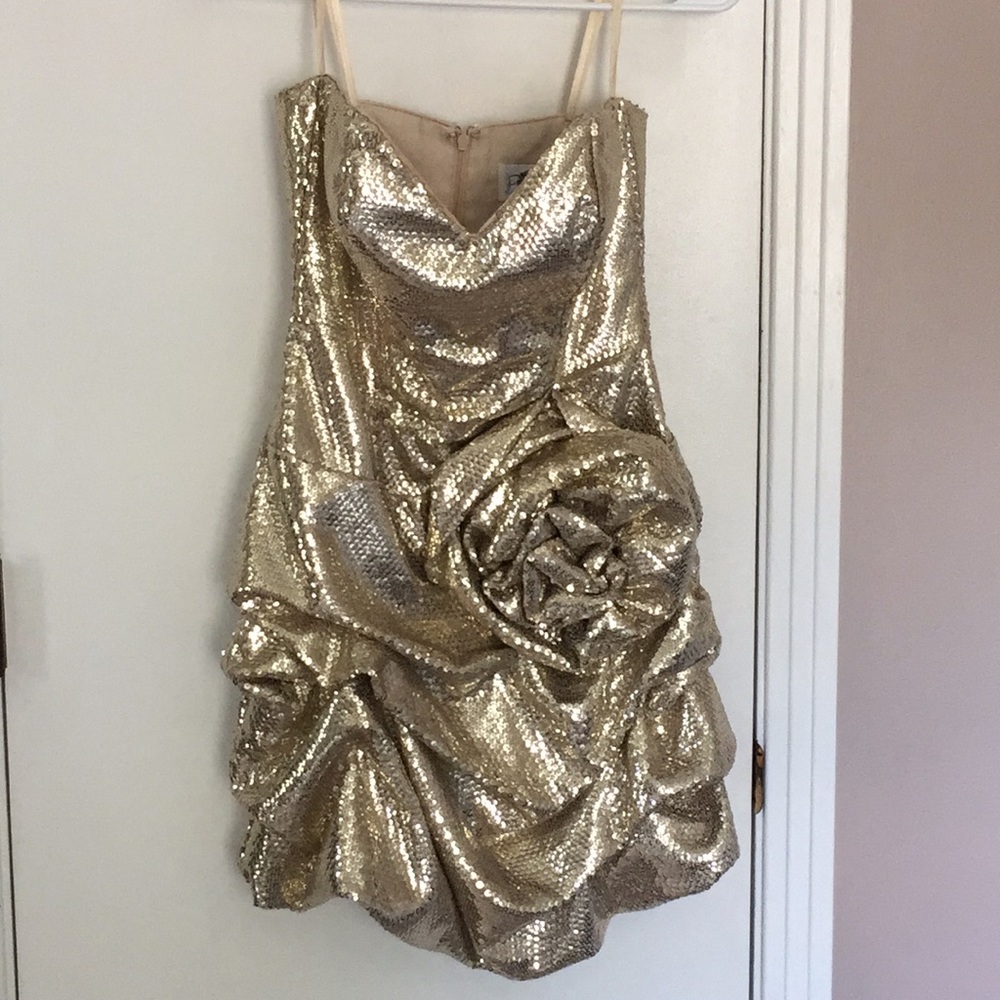BEYOND JOVANI GOLD SEQUIN MINI DRESS